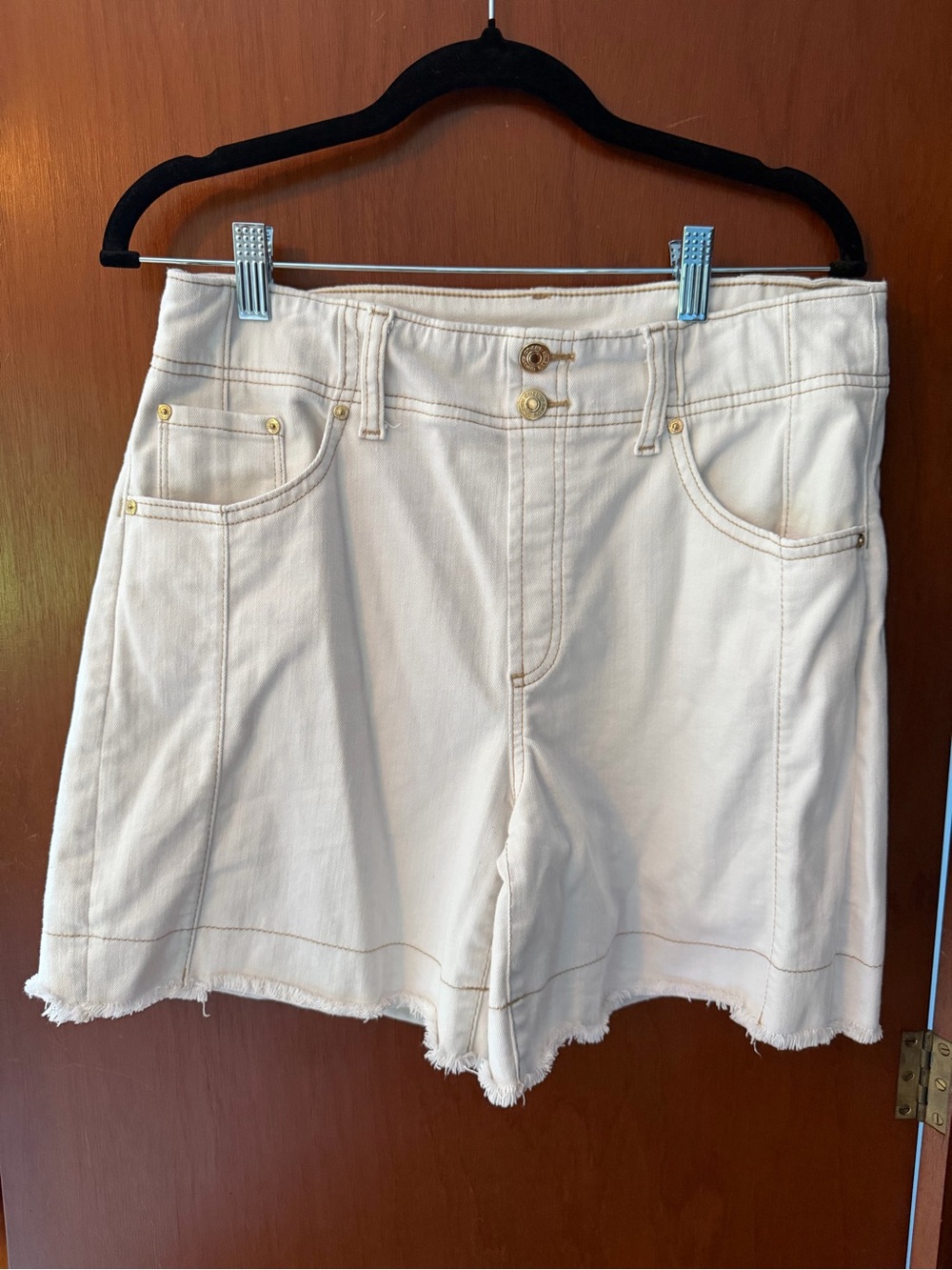 Chico's Cream High-Rise Frayed Hem Bermuda Shorts